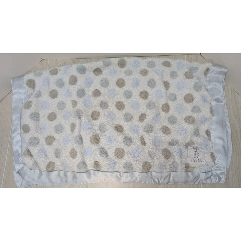 Little Giraffe Small Baby Blanket Blue Gray Tan Polka Dot Satin Trim USED 31x35